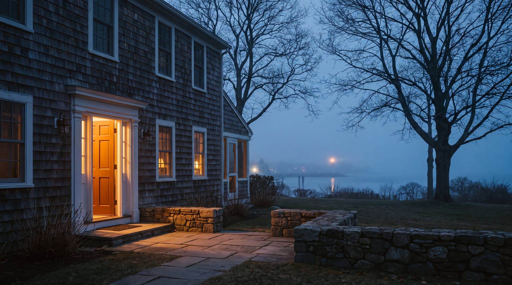 An open front door spilling warm light onto a stone path at dusk, with a harbor light in the fog beyond.