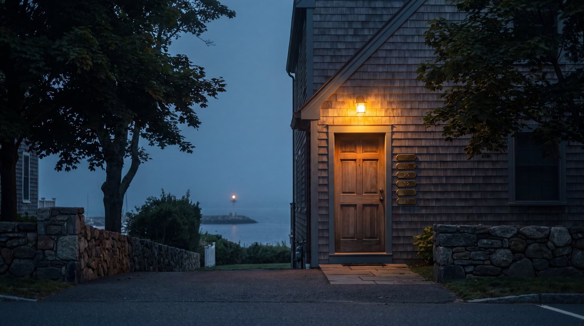 A lit front door on a shingled New England house at dusk, with a column of brass nameplates beside it.