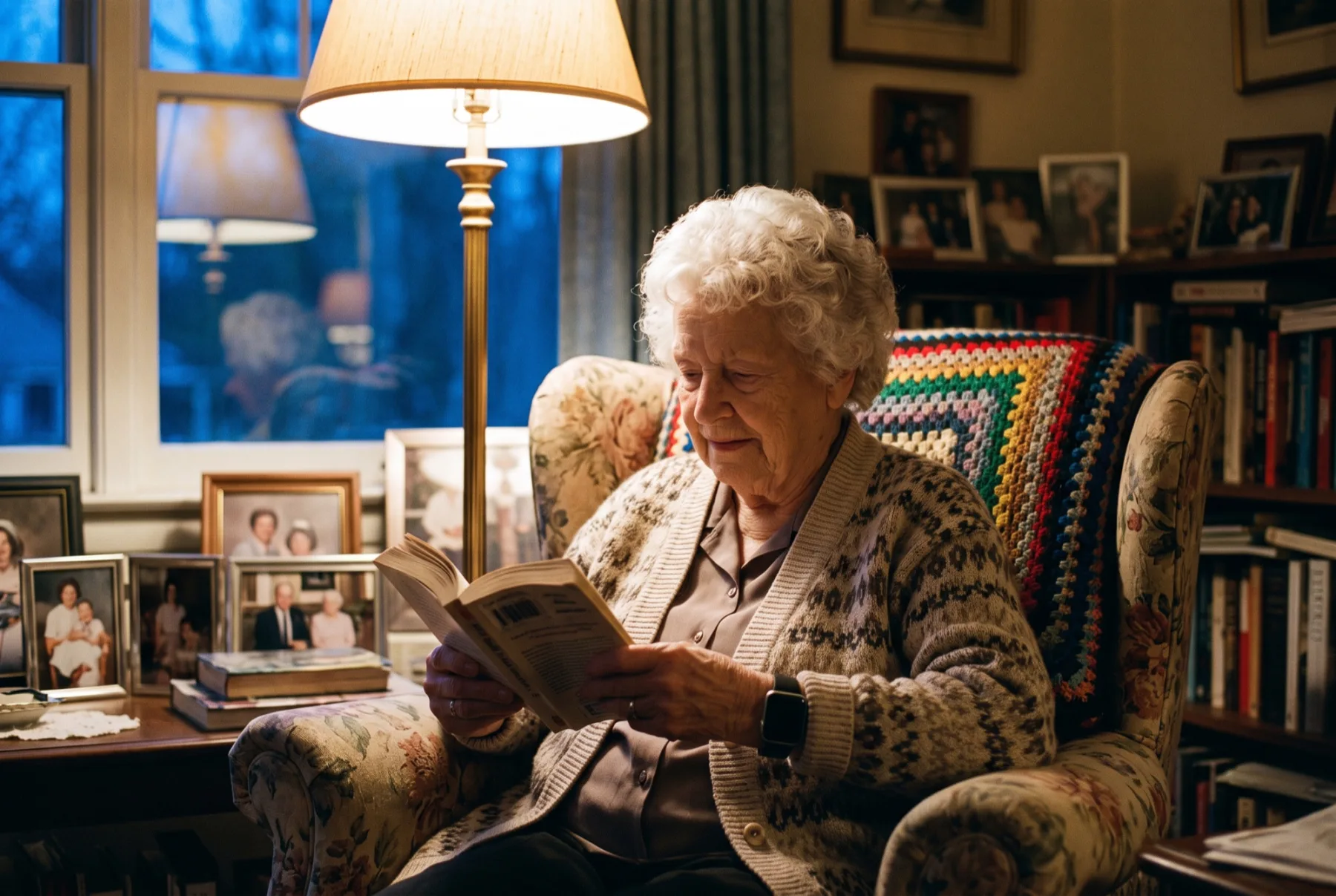 An older woman reading alone in her armchair at dusk, wearing an ordinary smartwatch.