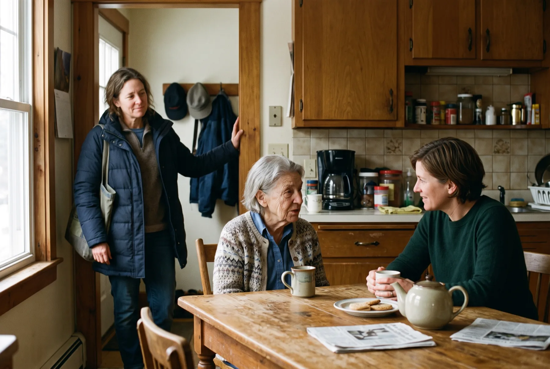 A caregiver arriving through a kitchen doorway, greeted by an older woman and her daughter.