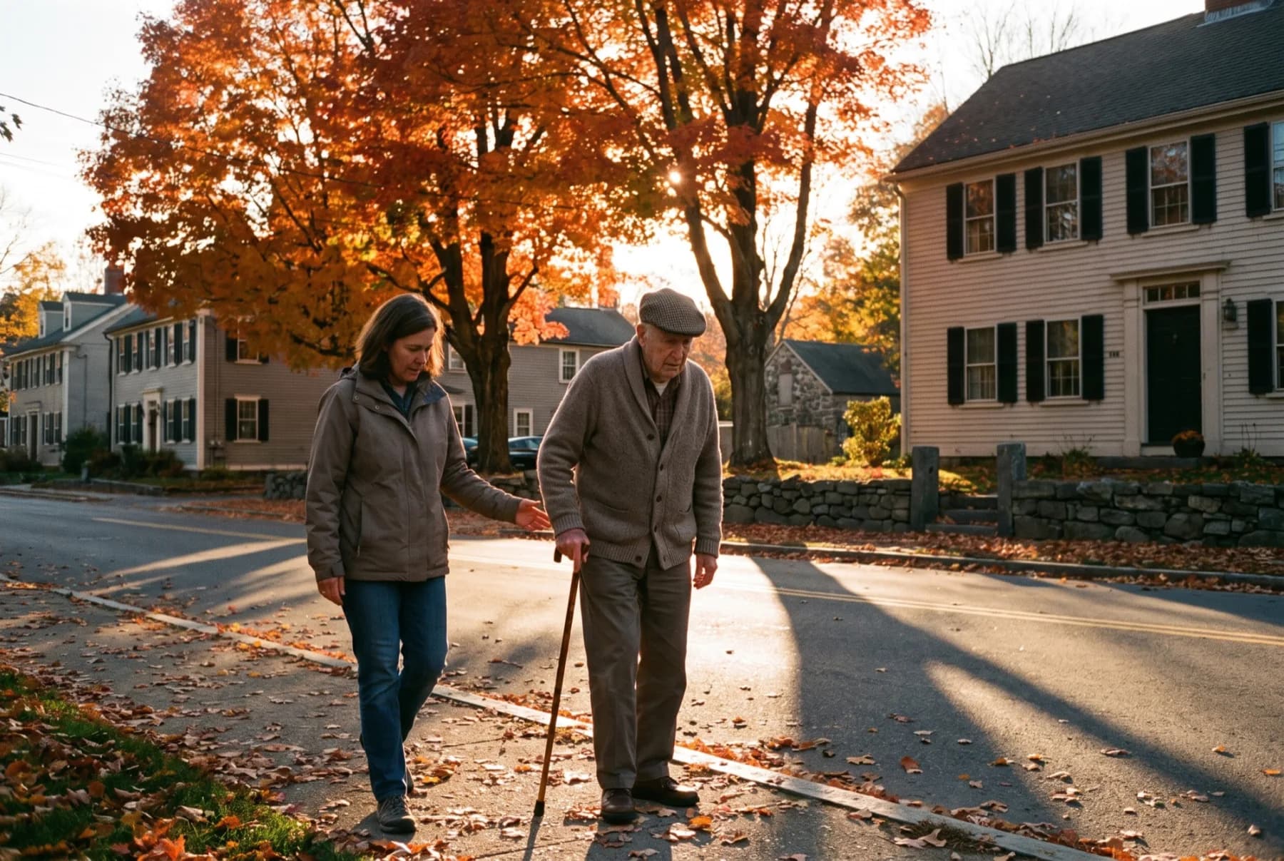 An older man with a cane walking along a leafy street in autumn, a woman at his side.