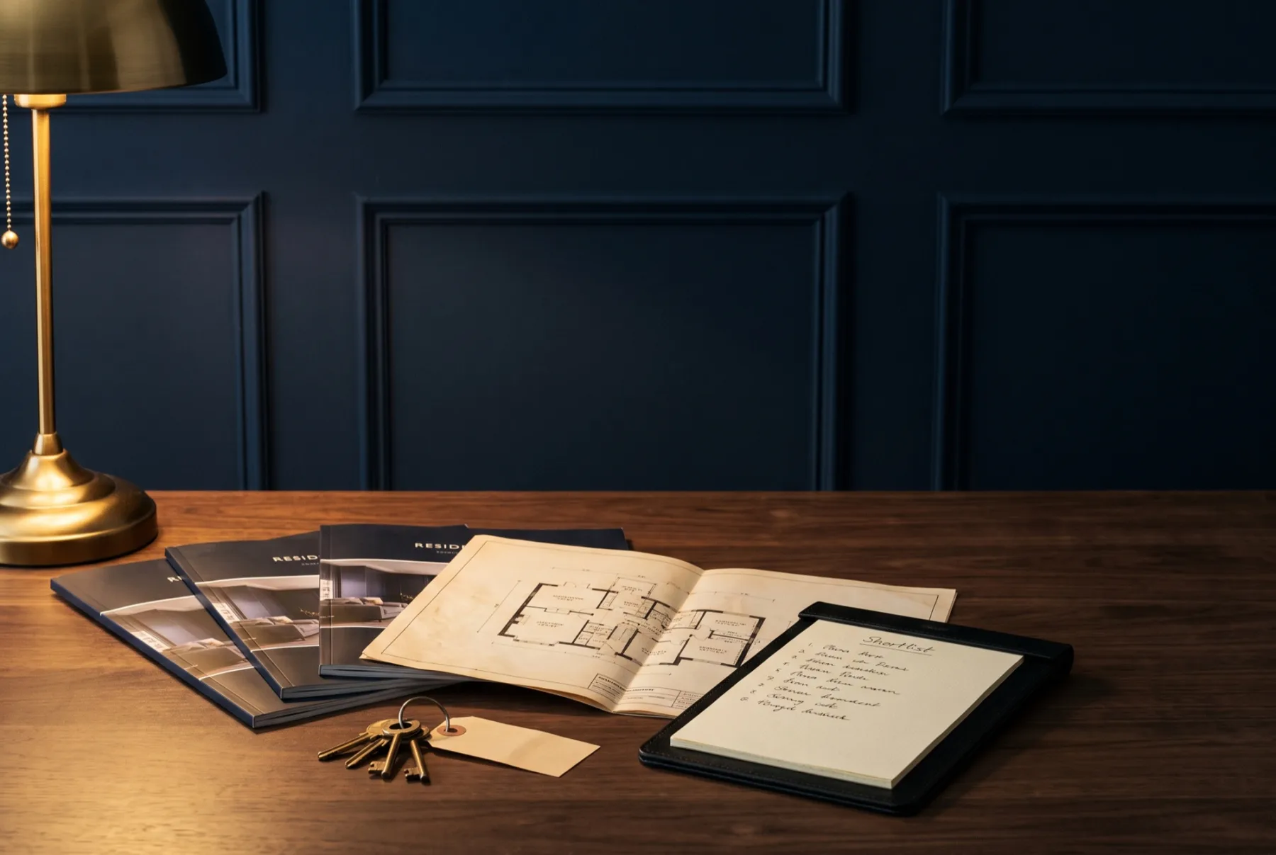 Residential brochures fanned out beside a folded floor plan and a handwritten shortlist.