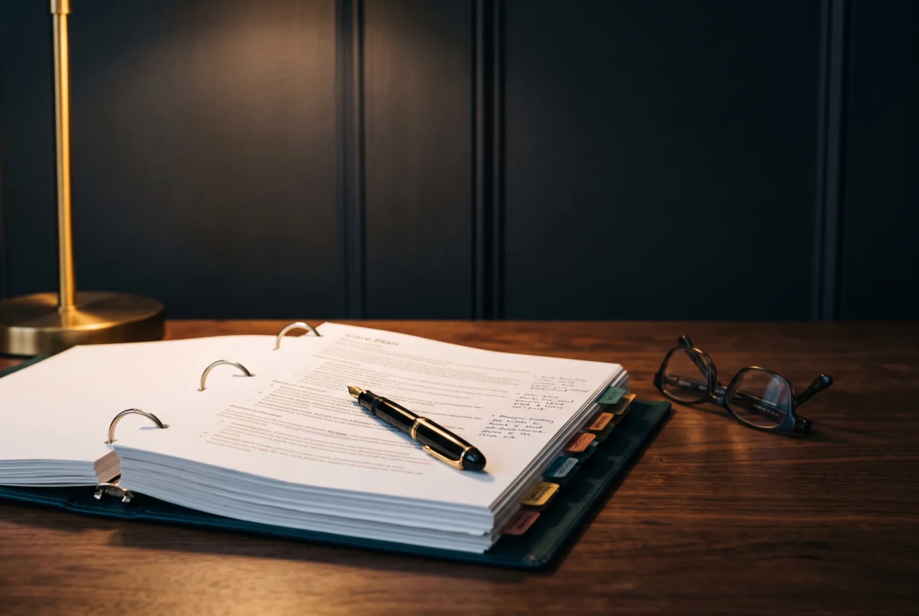 A thick ring-bound care plan open on a desk under a brass lamp, tabbed and annotated.