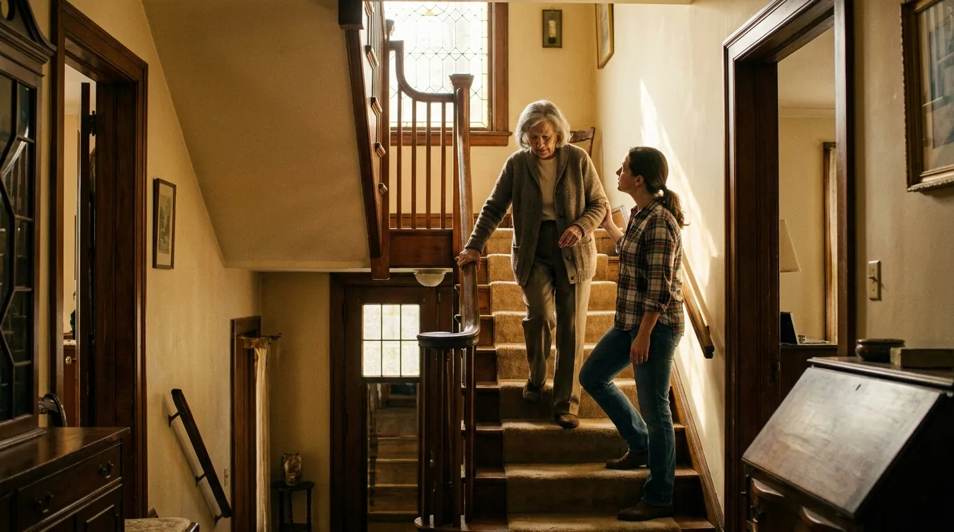 A caregiver steadying an older man on the narrow staircase of a pre-war house.