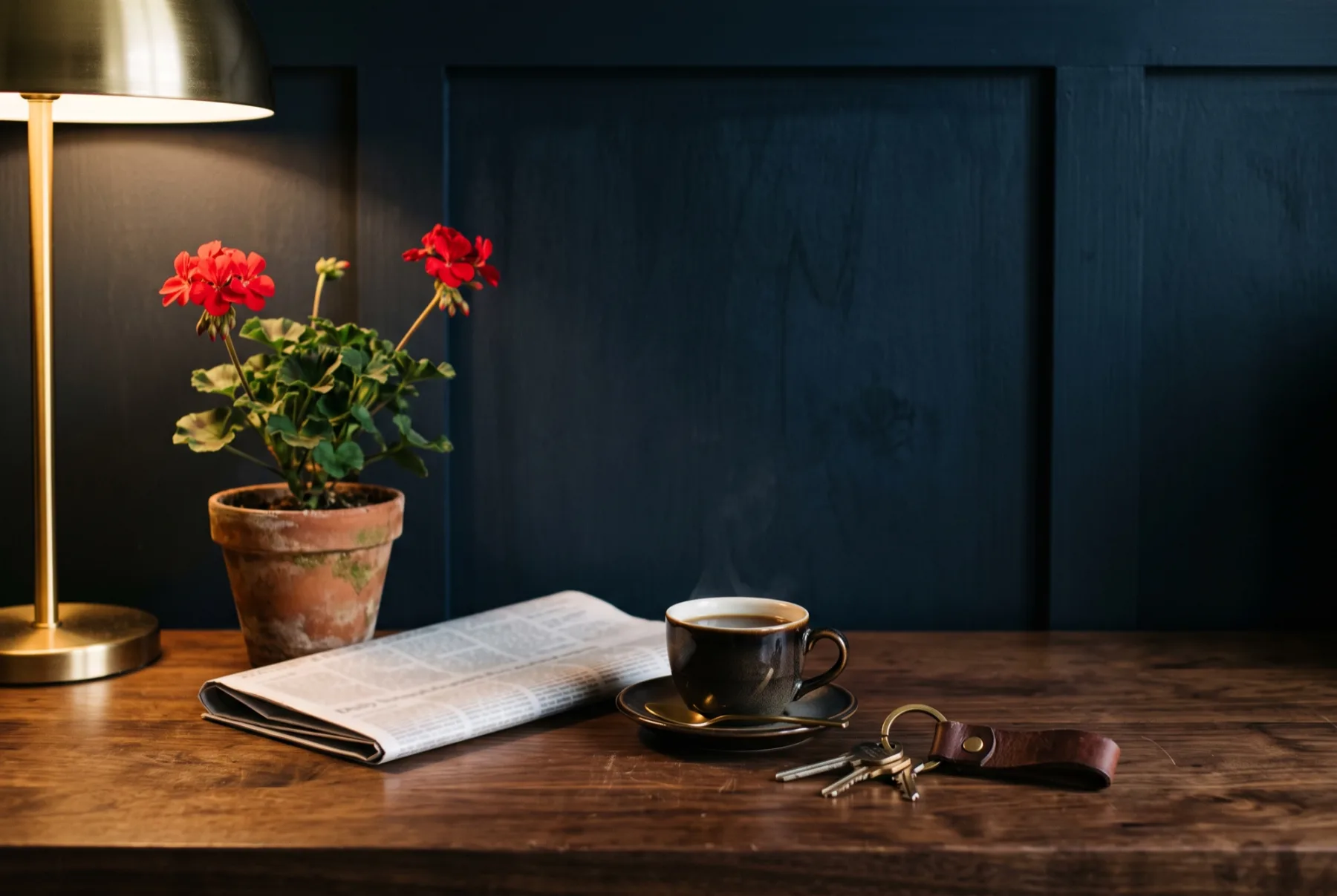 A geranium in a terracotta pot, a folded newspaper and a coffee cup on a walnut table.
