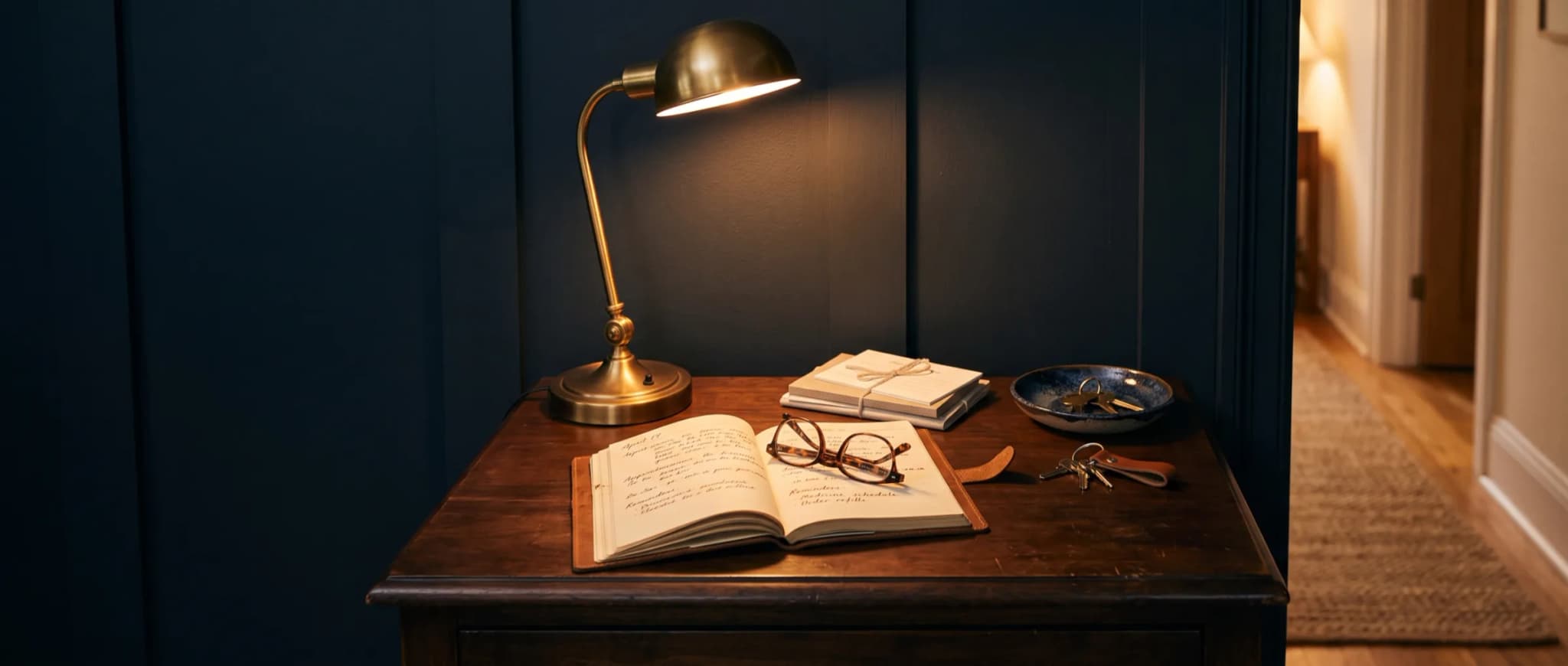 An open care journal, reading glasses and house keys on a hall table under a brass lamp.