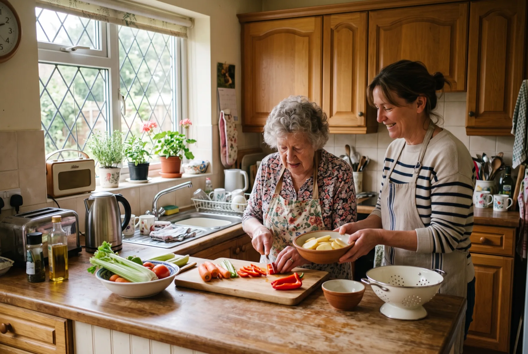 An older woman and a caregiver preparing a meal together at a kitchen counter in morning light.