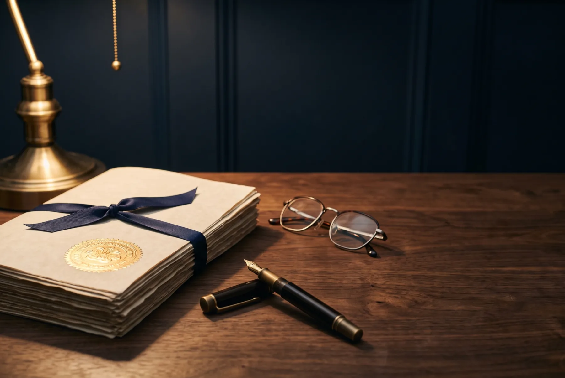 A stack of legal documents tied with ribbon under a brass lamp, an embossed seal catching the light.