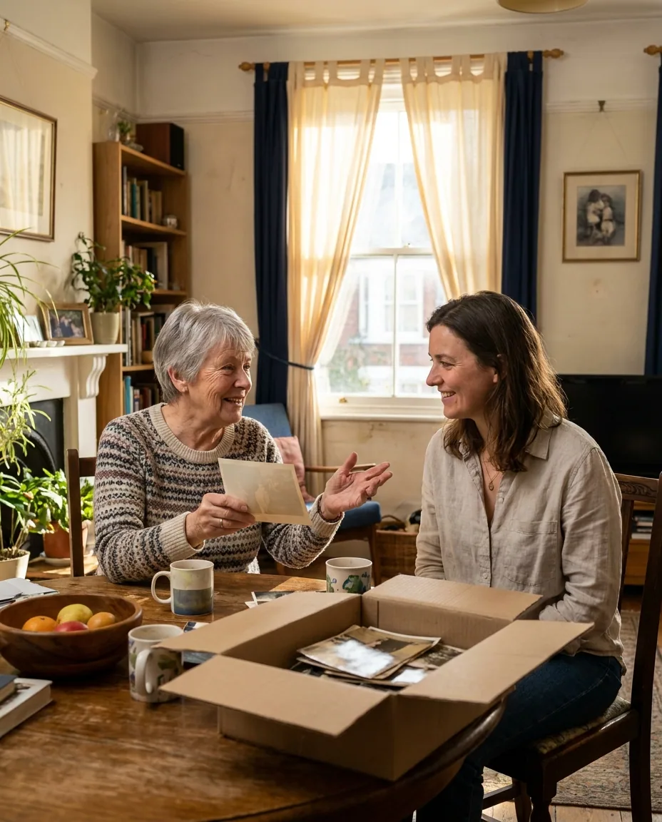An older woman and her daughter laughing over a box of old photographs at a living room table.