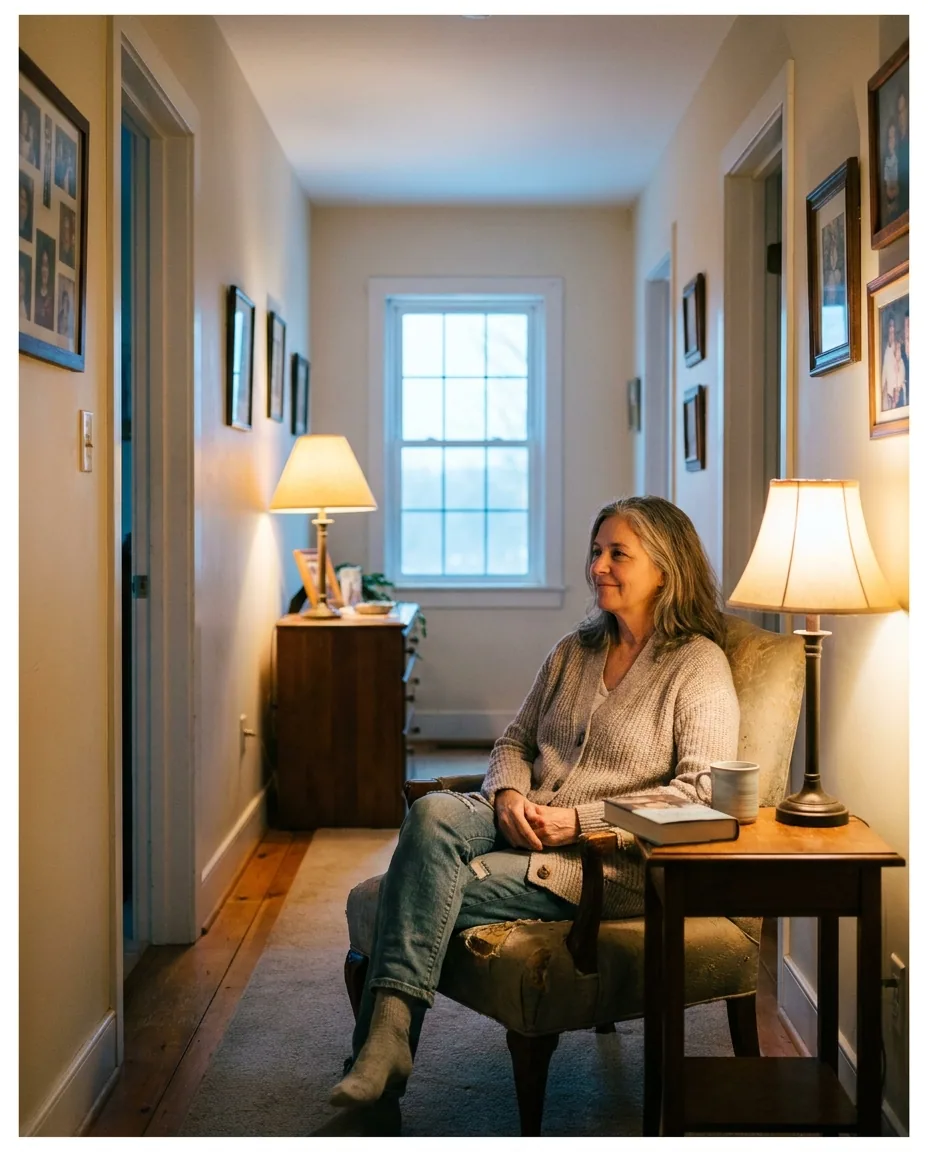 A caregiver awake and calm in a lamplit hallway at first light, a book set down beside her.