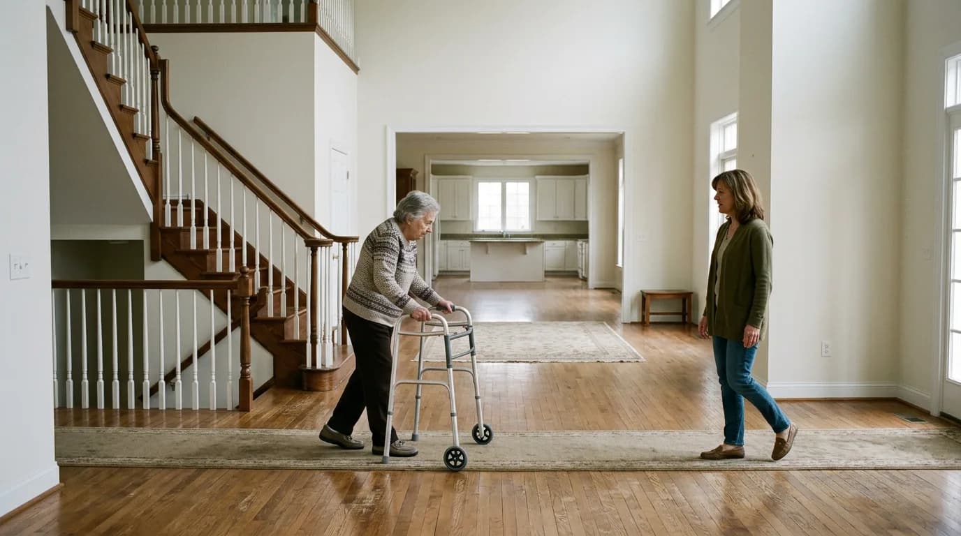 An older woman using a walker in a wide front hall, a younger woman standing a few steps away.