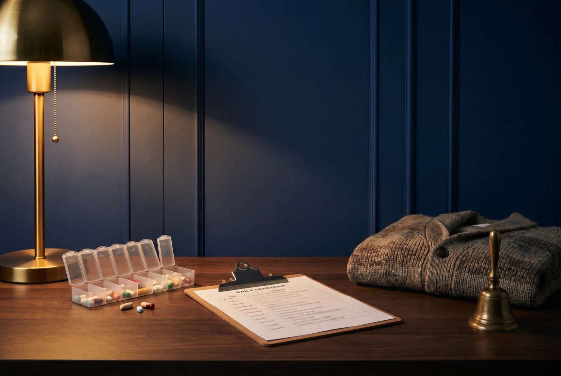 A weekly pill organiser with its lids open beside a printed daily schedule on a clipboard.