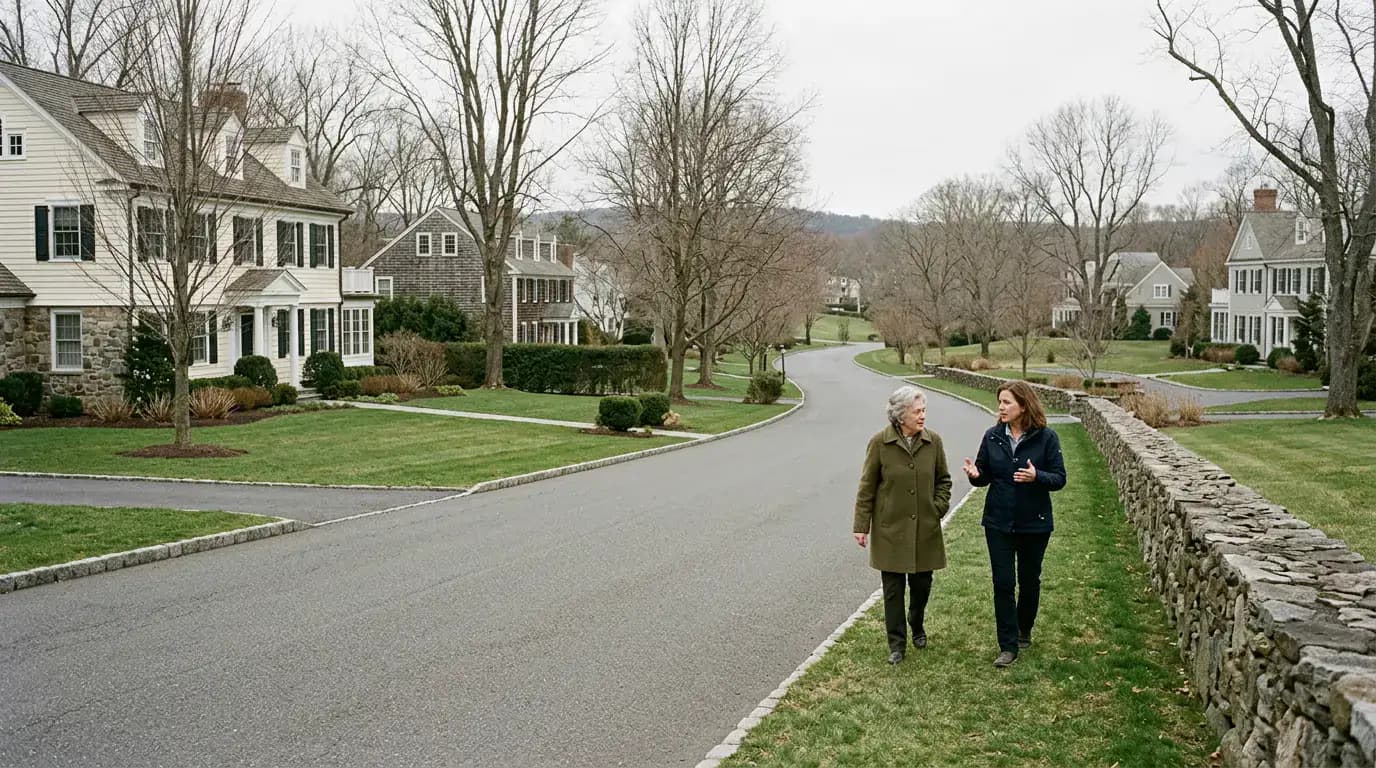 An older woman and a caregiver walking a residential lane of clapboard houses behind a stone wall.