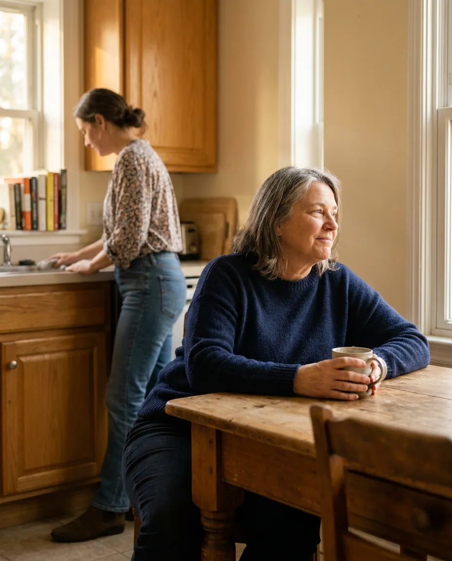 An older woman resting with a mug at a kitchen table, a caregiver at the sink behind her.