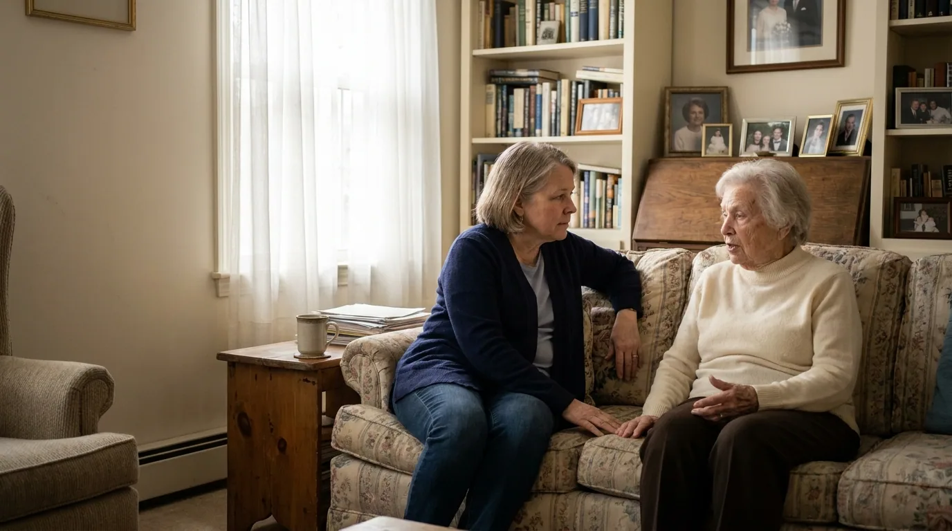 Two people sitting together on a sofa in a front room, mid-conversation.