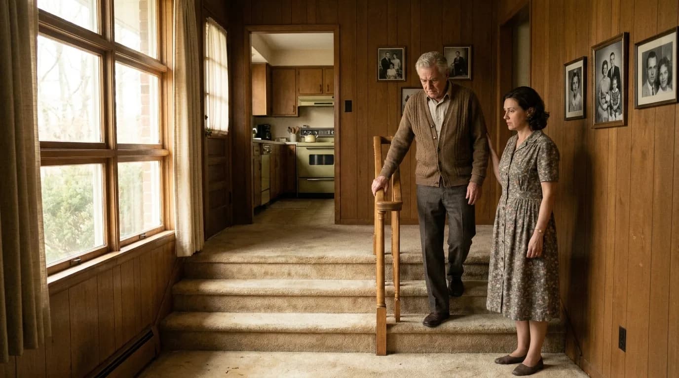 An older man on the short carpeted flight between levels of a mid-century split-level house.
