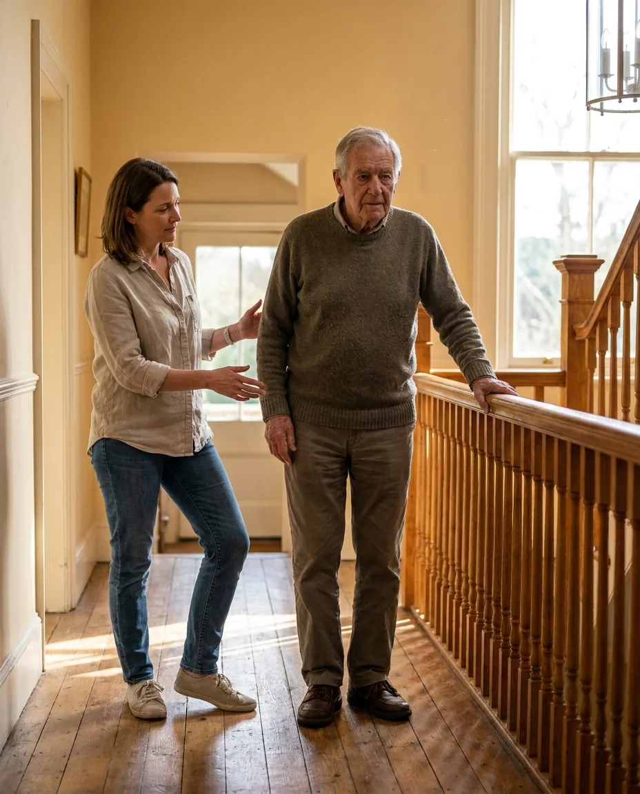A caregiver walking beside an older man along a landing as he steadies himself on the bannister.