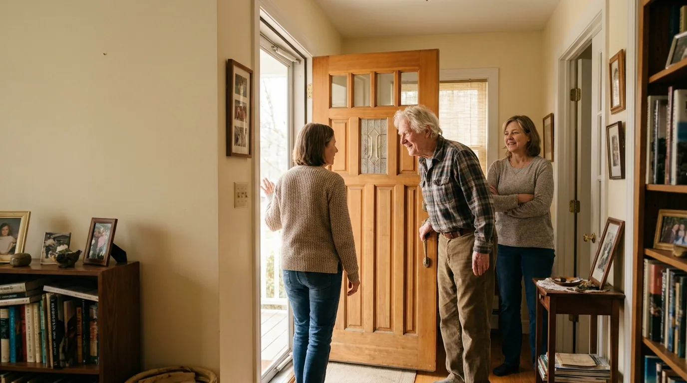 A visitor being welcomed through a front door by an older man and a family member in a lamplit hallway.