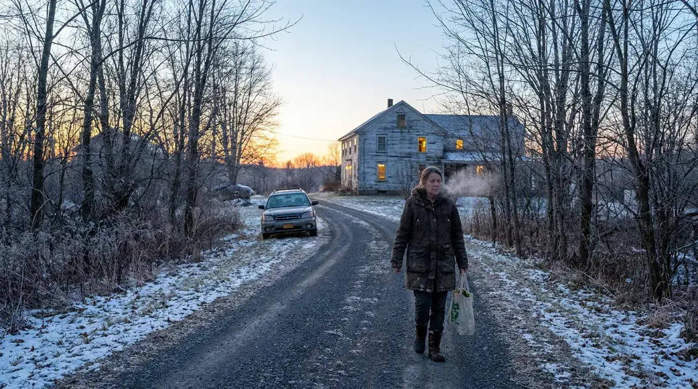 A car on a rural road in winter, some distance from the nearest house.