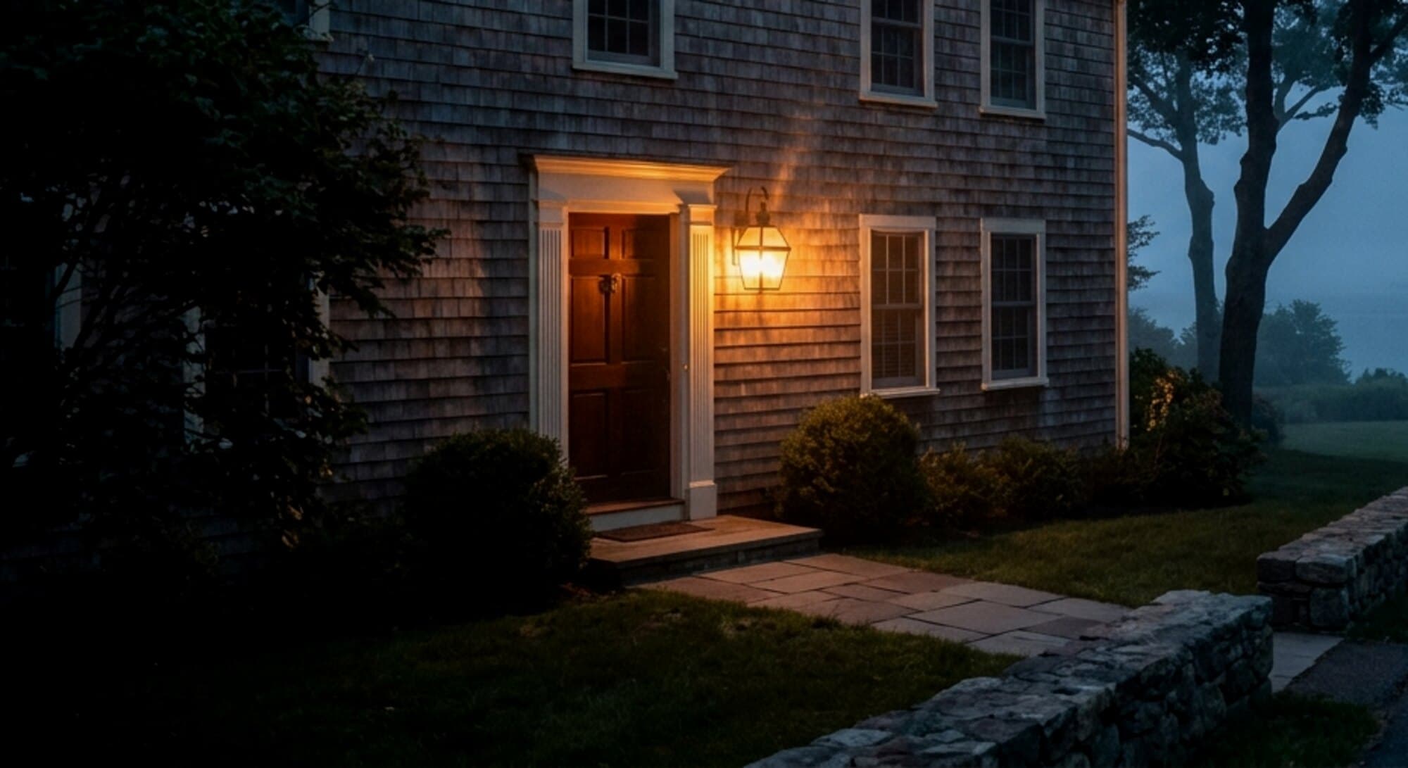 A shingled New England house at blue hour, its porch lamp lit above the front door.