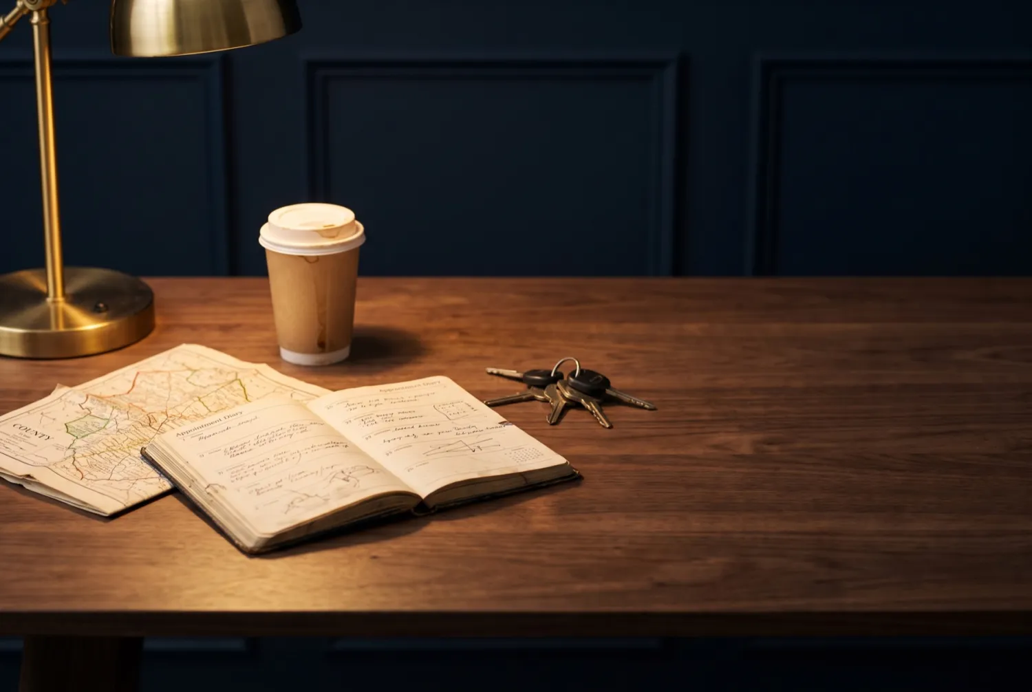 An appointment diary open flat beside car keys, a folded county map and a cup of coffee gone cold.