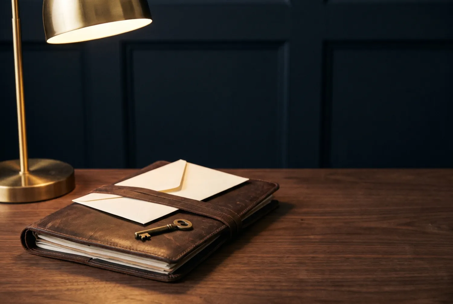 A closed leather document wallet with a small brass key and an unopened envelope resting on top.