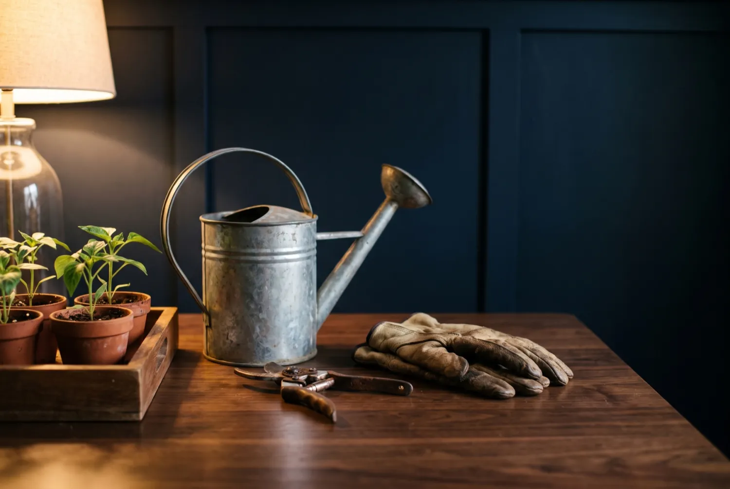 A watering can, secateurs and worn gardening gloves set down beside a tray of seedlings.