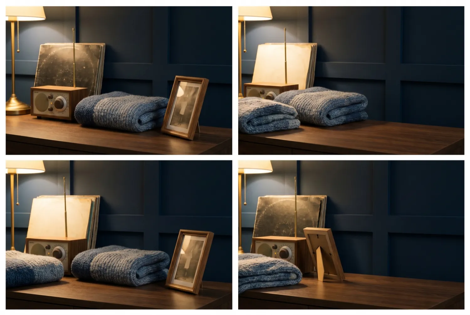 A well-played record sleeve leaning against a small radio, a knitted blanket folded beside it.