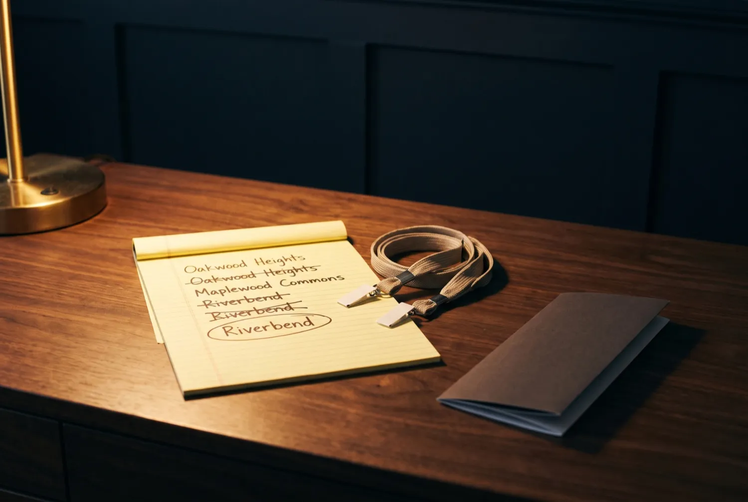 A shortlist of three community names crossed down to one on a legal pad.