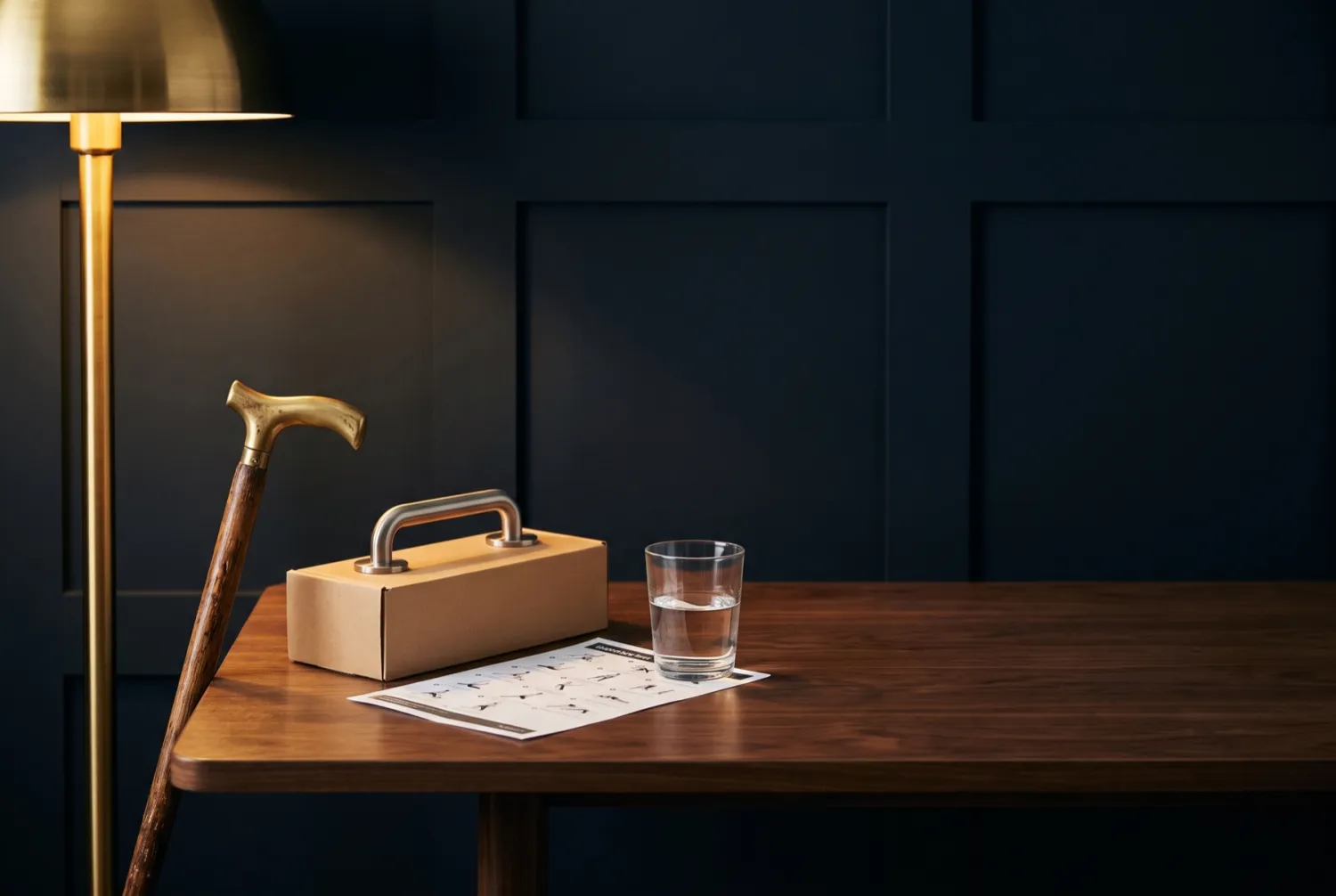 A walking stick against a table edge, a boxed grab-rail fitting and an exercise sheet.